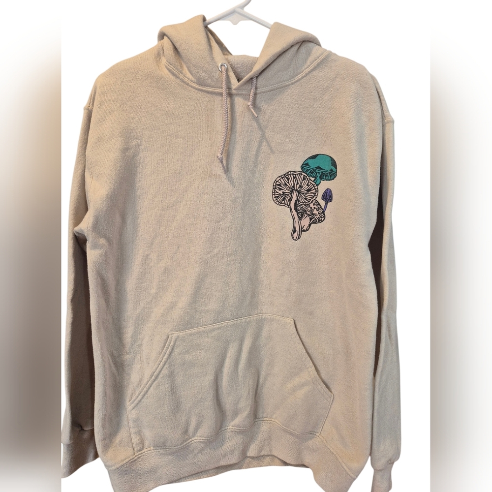Bowery Beige Hoodie with Teal & Purple Mushroom Graphic